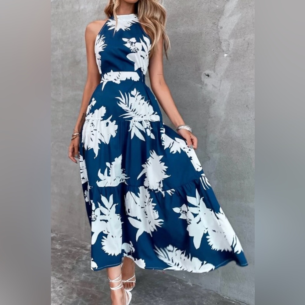 Blue floral cut out beach dress